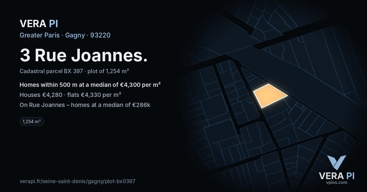 3 Rue Joannes, Gagny at night – the plot lit, the parcels around coloured by the prices near them