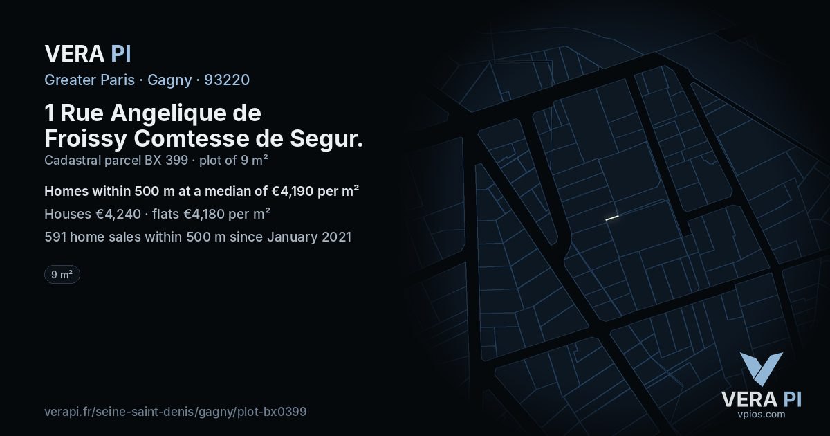 1 Rue Angelique de Froissy Comtesse de Segur, Gagny at night – the plot lit, the parcels around coloured by the prices near them
