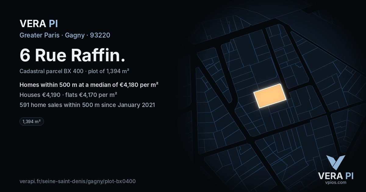 6 Rue Raffin, Gagny at night – the plot lit, the parcels around coloured by the prices near them