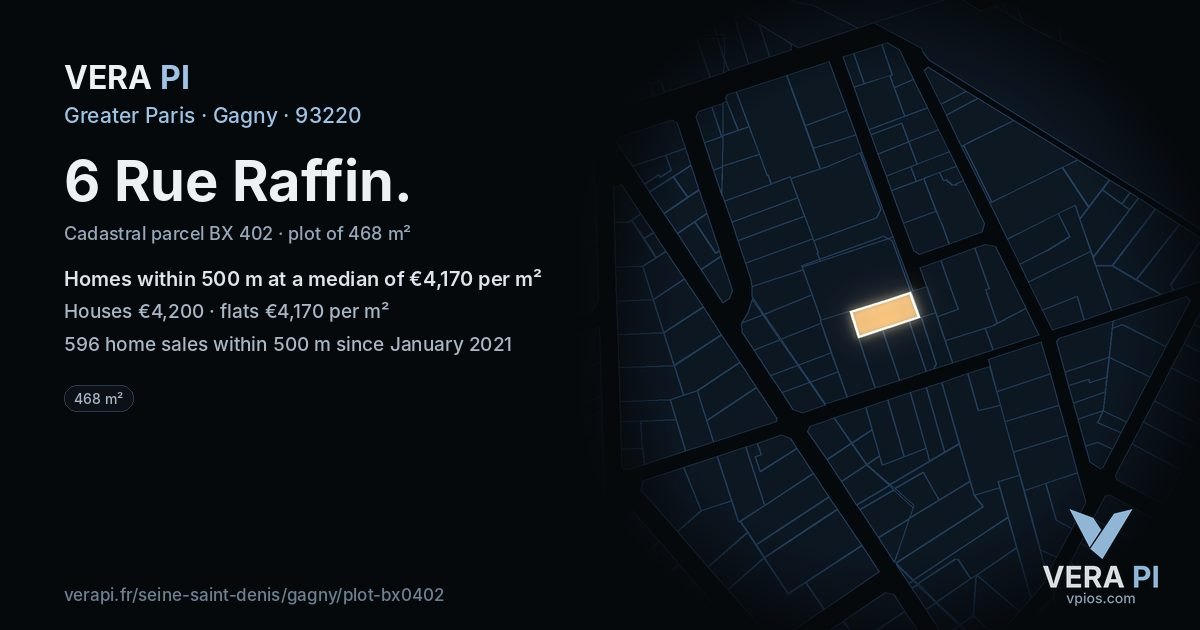 6 Rue Raffin, Gagny at night – the plot lit, the parcels around coloured by the prices near them