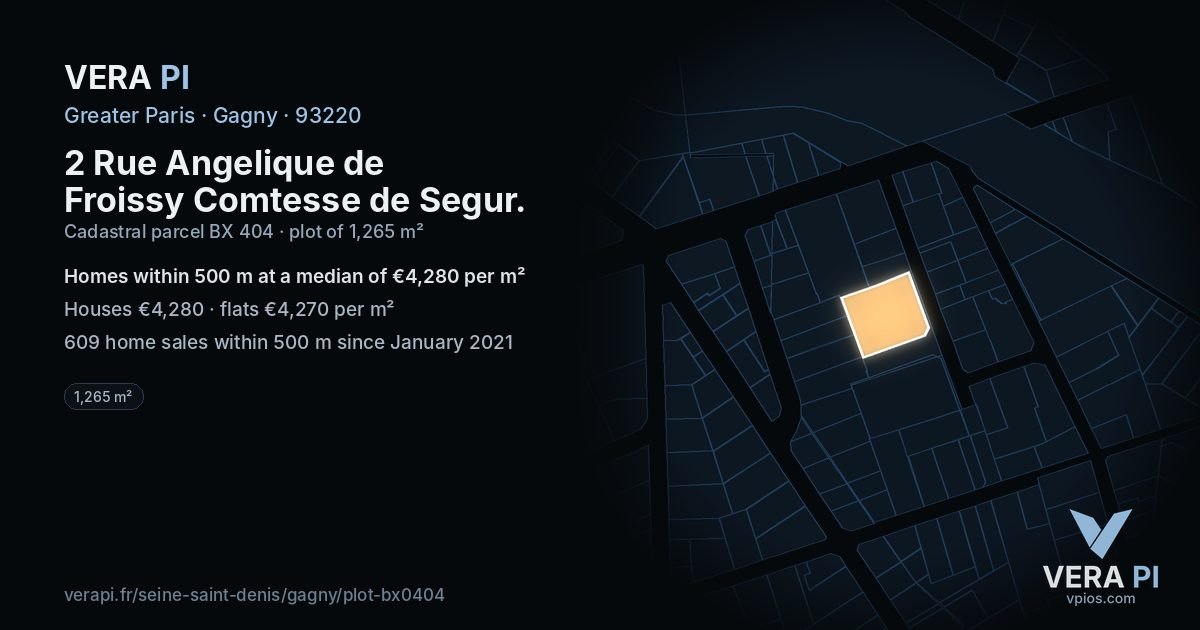 2 Rue Angelique de Froissy Comtesse de Segur, Gagny at night – the plot lit, the parcels around coloured by the prices near them