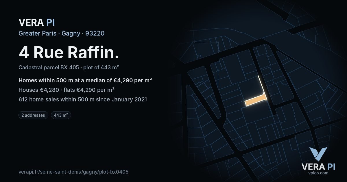 4 Rue Raffin, Gagny at night – the plot lit, the parcels around coloured by the prices near them