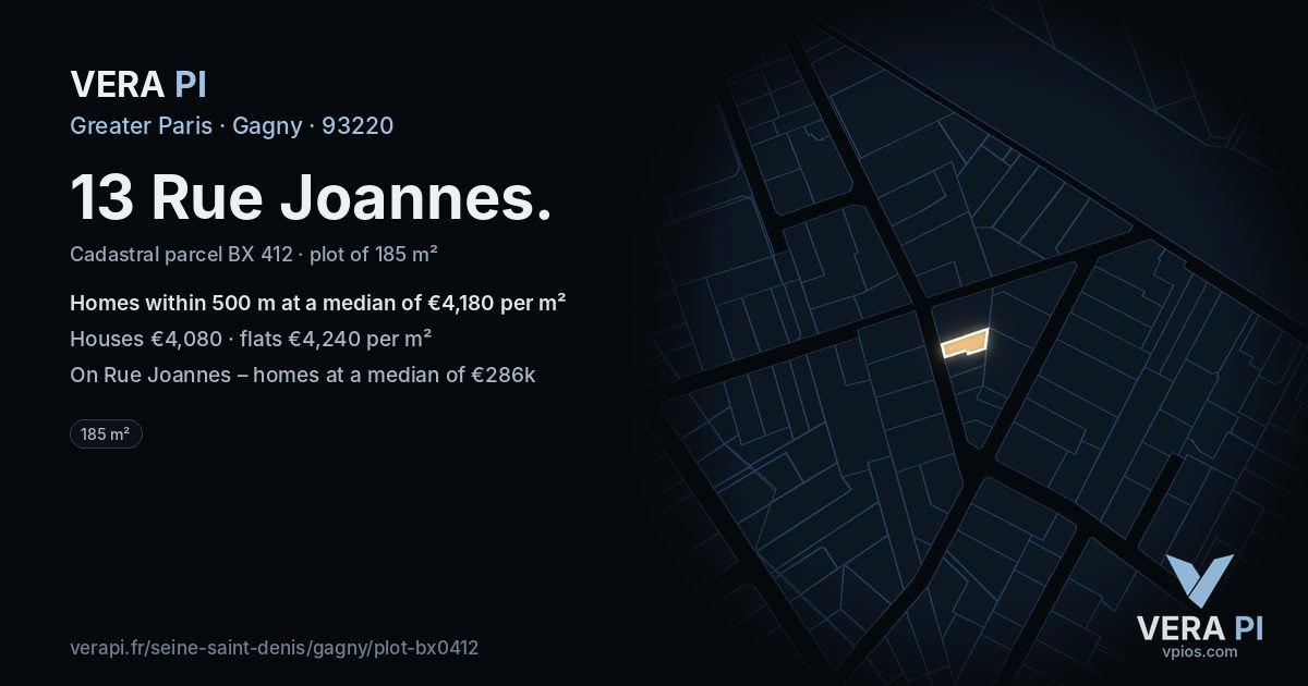 13 Rue Joannes, Gagny at night – the plot lit, the parcels around coloured by the prices near them