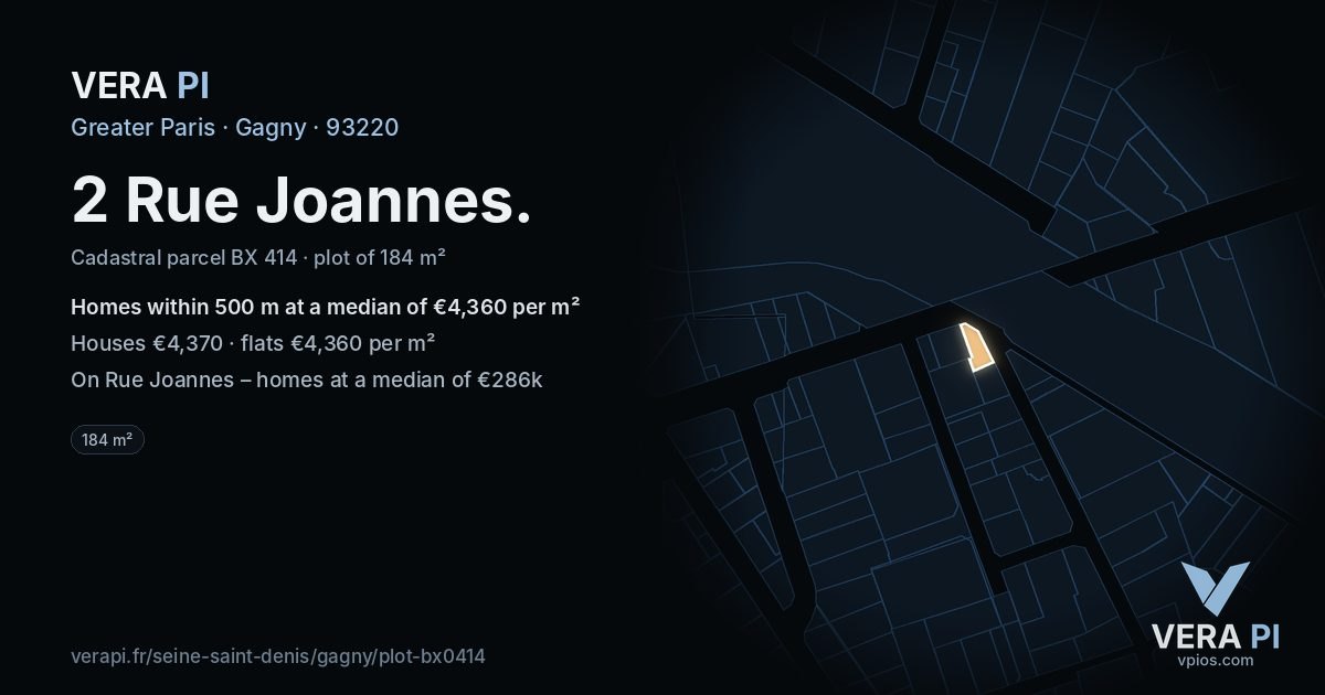 2 Rue Joannes, Gagny at night – the plot lit, the parcels around coloured by the prices near them