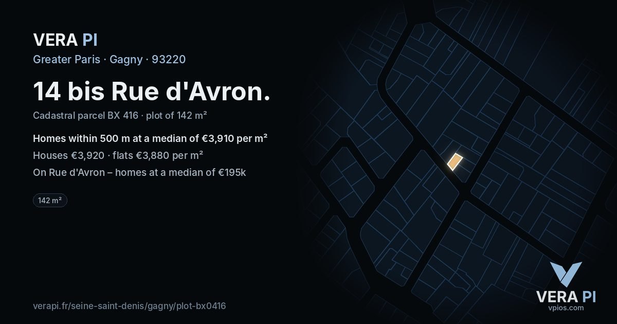 14 bis Rue d'Avron, Gagny at night – the plot lit, the parcels around coloured by the prices near them