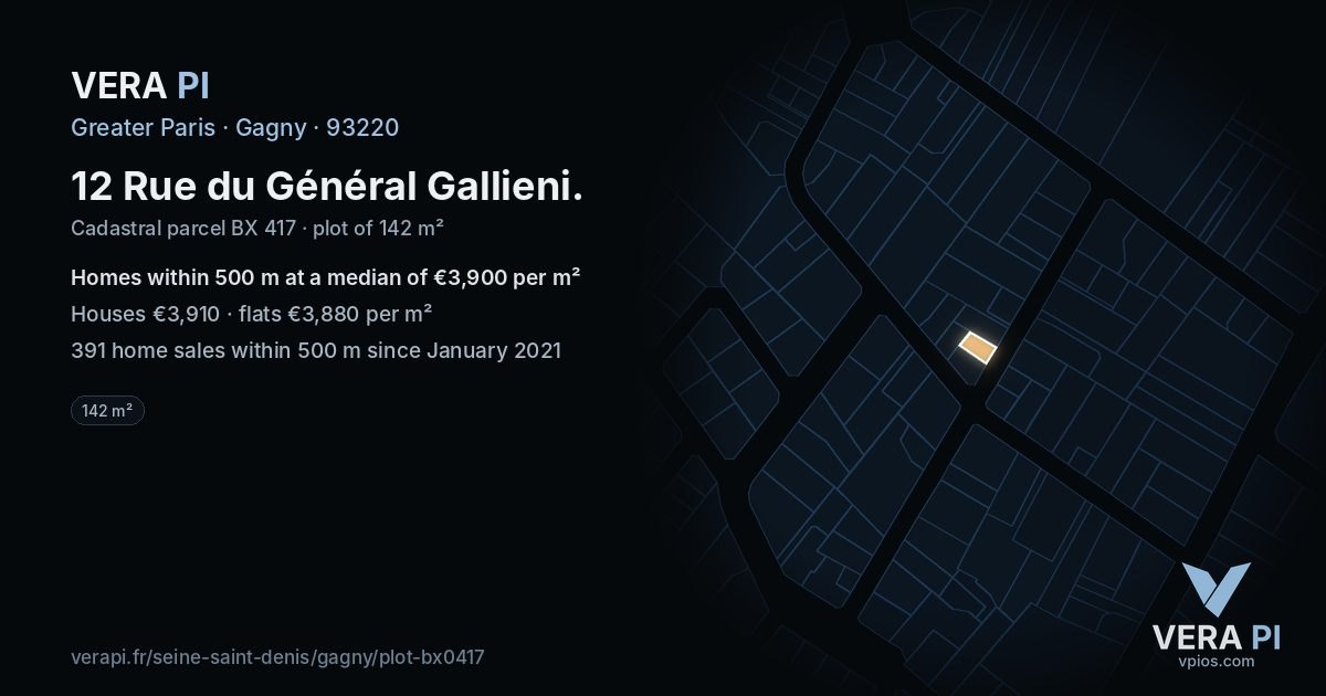 12 Rue du Général Gallieni, Gagny at night – the plot lit, the parcels around coloured by the prices near them