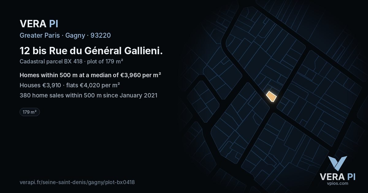 12 bis Rue du Général Gallieni, Gagny at night – the plot lit, the parcels around coloured by the prices near them