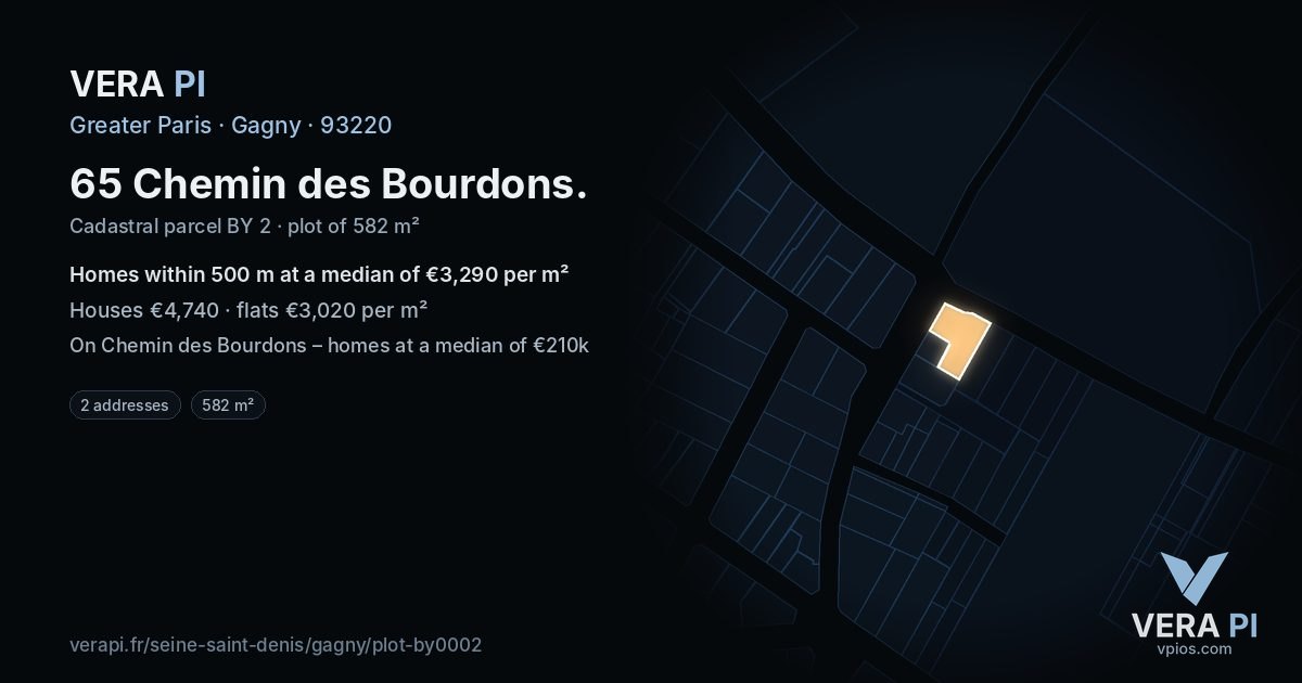 65 Chemin des Bourdons, Gagny at night – the plot lit, the parcels around coloured by the prices near them