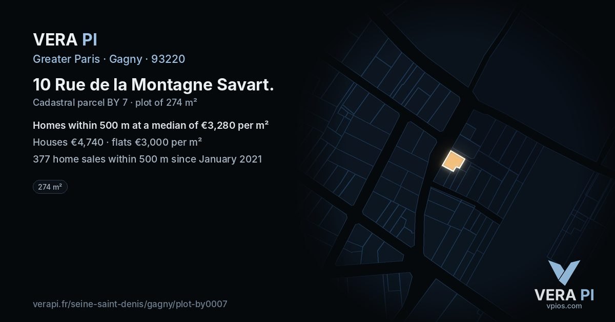 10 Rue de la Montagne Savart, Gagny at night – the plot lit, the parcels around coloured by the prices near them