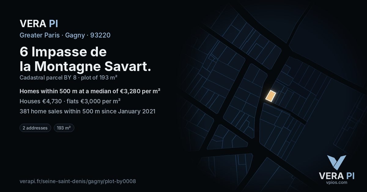 6 Impasse de la Montagne Savart, Gagny at night – the plot lit, the parcels around coloured by the prices near them
