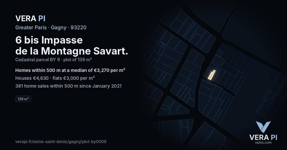 6 bis Impasse de la Montagne Savart, Gagny at night – the plot lit, the parcels around coloured by the prices near them