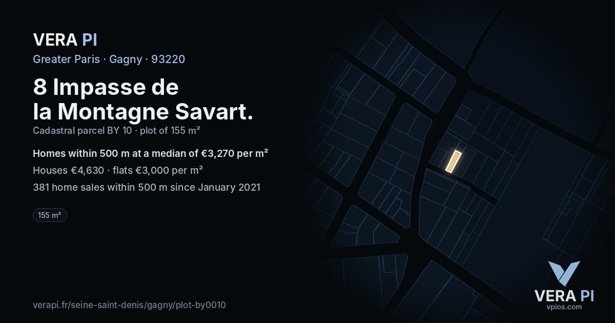 8 Impasse de la Montagne Savart, Gagny at night – the plot lit, the parcels around coloured by the prices near them