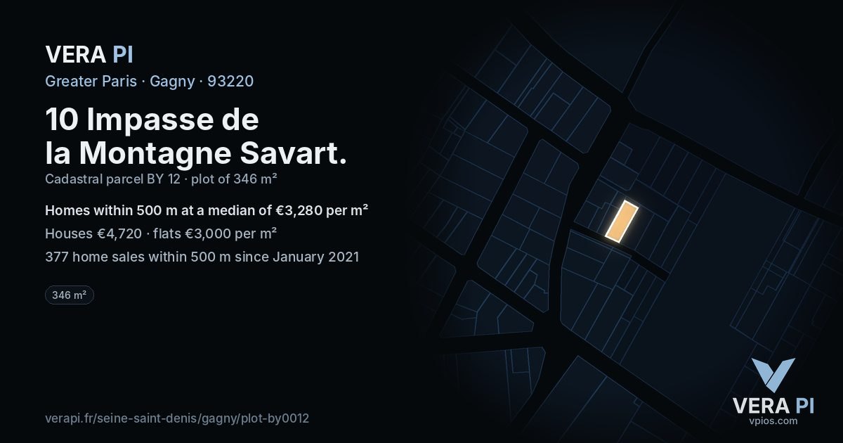 10 Impasse de la Montagne Savart, Gagny at night – the plot lit, the parcels around coloured by the prices near them