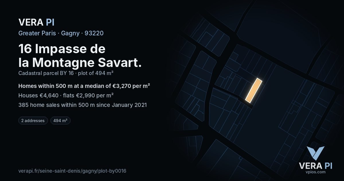 16 Impasse de la Montagne Savart, Gagny at night – the plot lit, the parcels around coloured by the prices near them