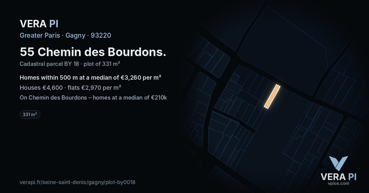 55 Chemin des Bourdons, Gagny at night – the plot lit, the parcels around coloured by the prices near them