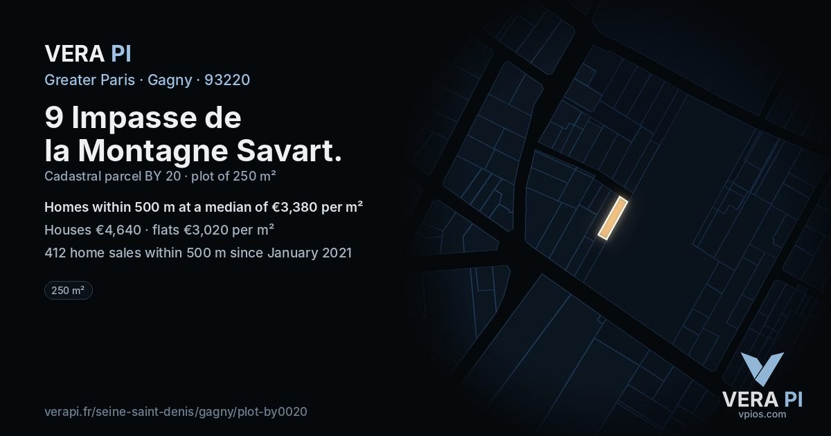 9 Impasse de la Montagne Savart, Gagny at night – the plot lit, the parcels around coloured by the prices near them
