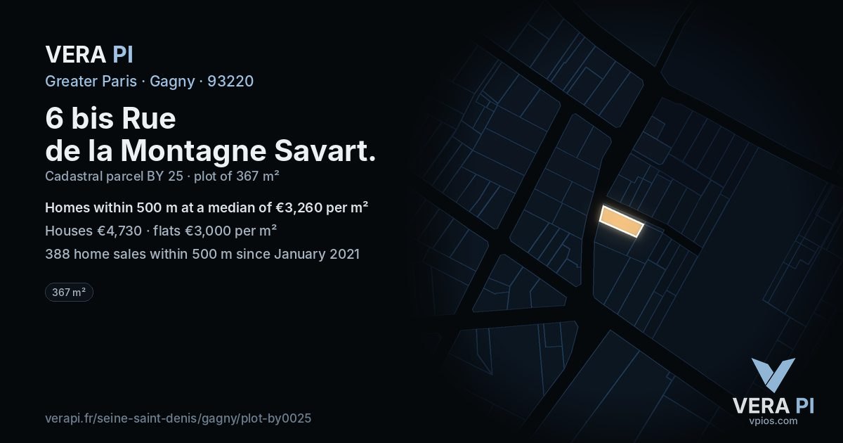 6 bis Rue de la Montagne Savart, Gagny at night – the plot lit, the parcels around coloured by the prices near them
