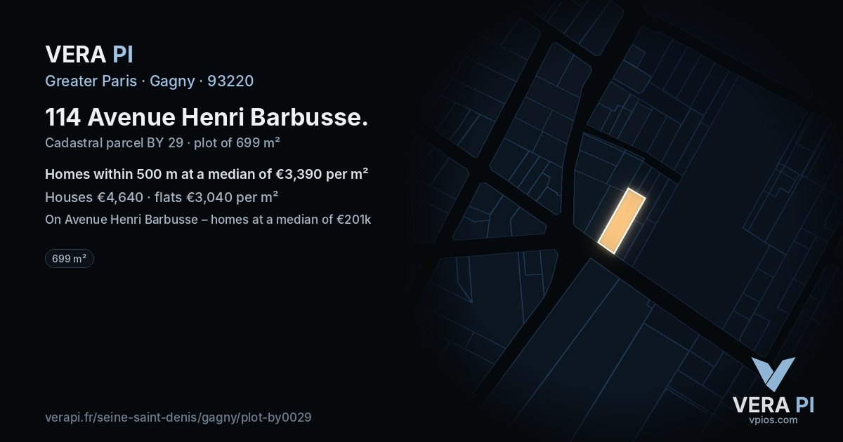 114 Avenue Henri Barbusse, Gagny at night – the plot lit, the parcels around coloured by the prices near them