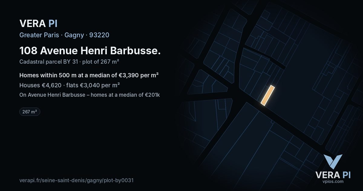 108 Avenue Henri Barbusse, Gagny at night – the plot lit, the parcels around coloured by the prices near them