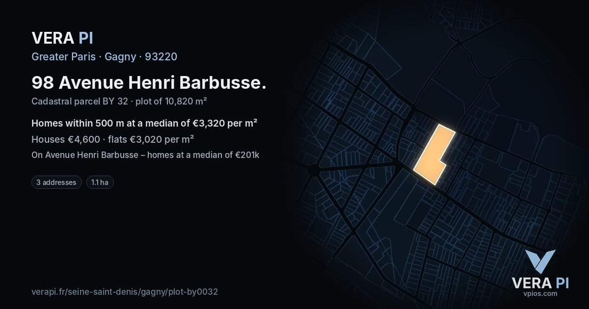 98 Avenue Henri Barbusse, Gagny at night – the plot lit, the parcels around coloured by the prices near them