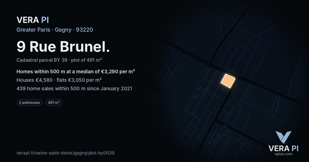 9 Rue Brunel, Gagny at night – the plot lit, the parcels around coloured by the prices near them