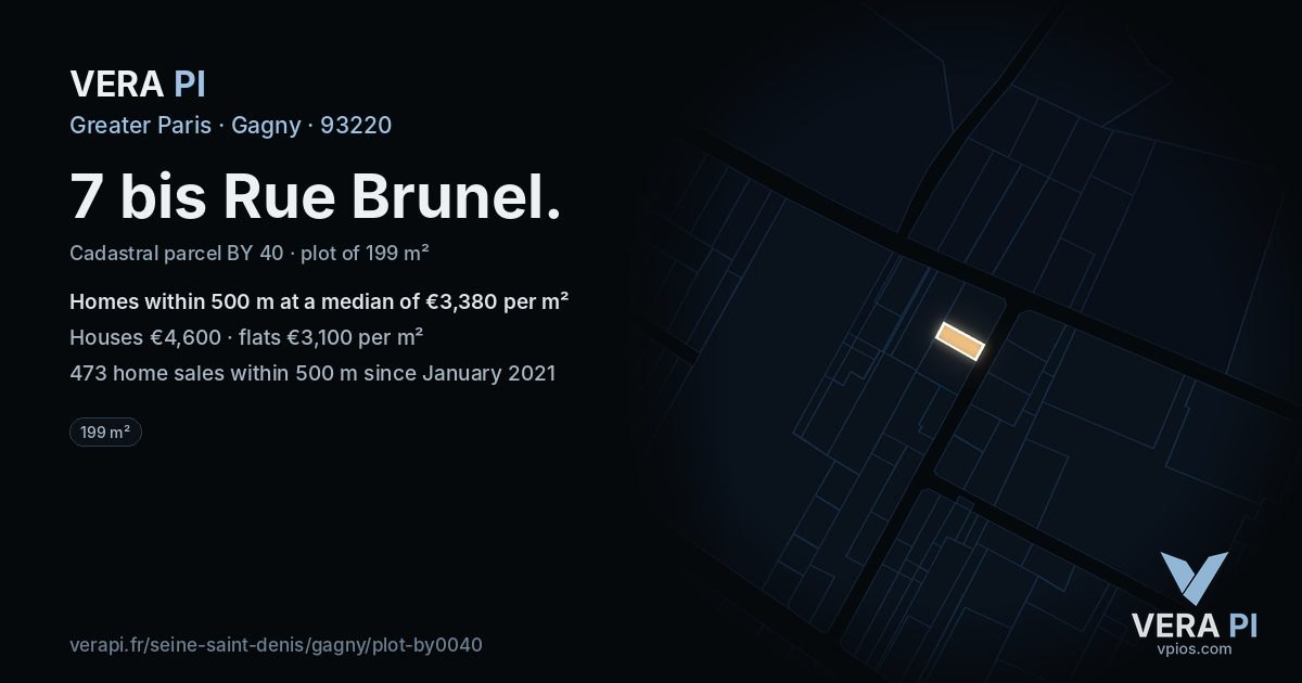7 bis Rue Brunel, Gagny at night – the plot lit, the parcels around coloured by the prices near them