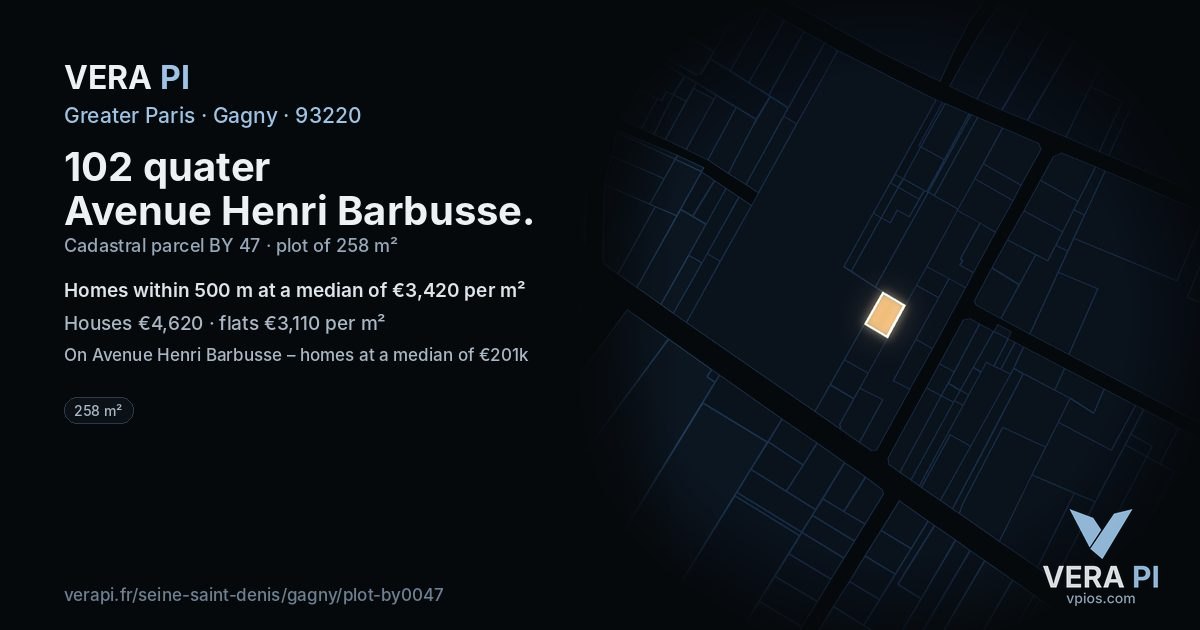 102 quater Avenue Henri Barbusse, Gagny at night – the plot lit, the parcels around coloured by the prices near them