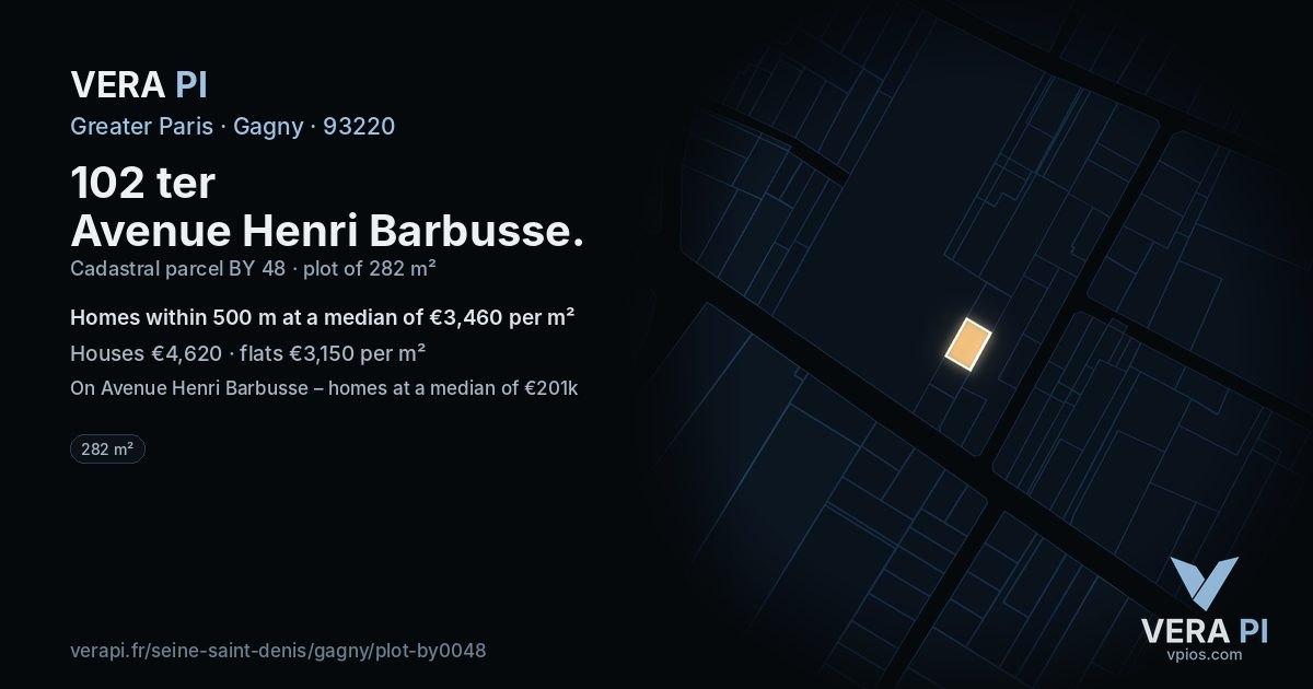 102 ter Avenue Henri Barbusse, Gagny at night – the plot lit, the parcels around coloured by the prices near them