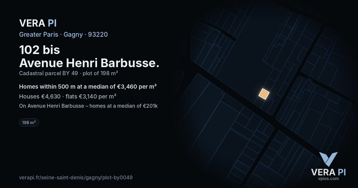 102 bis Avenue Henri Barbusse, Gagny at night – the plot lit, the parcels around coloured by the prices near them