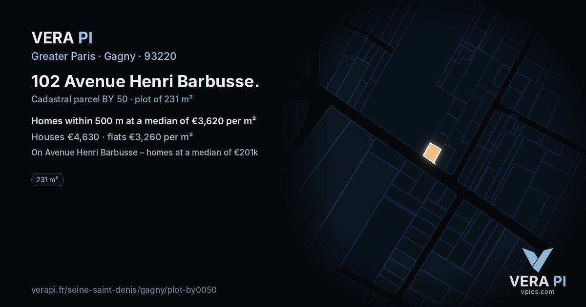 102 Avenue Henri Barbusse, Gagny at night – the plot lit, the parcels around coloured by the prices near them