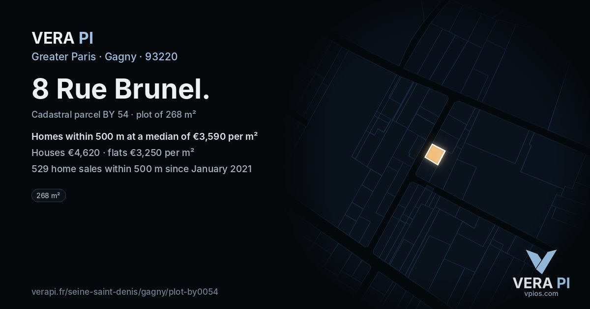 8 Rue Brunel, Gagny at night – the plot lit, the parcels around coloured by the prices near them