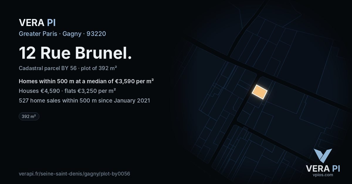 12 Rue Brunel, Gagny at night – the plot lit, the parcels around coloured by the prices near them