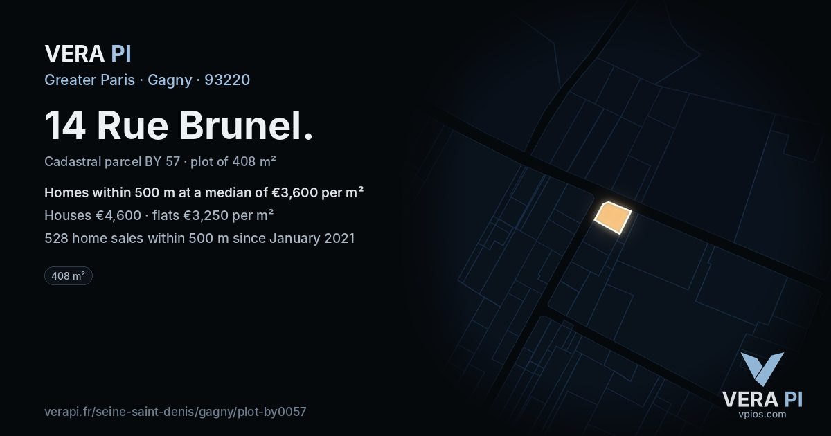 14 Rue Brunel, Gagny at night – the plot lit, the parcels around coloured by the prices near them