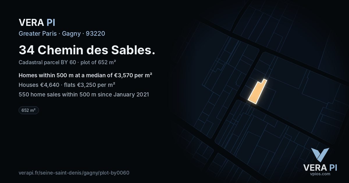 34 Chemin des Sables, Gagny at night – the plot lit, the parcels around coloured by the prices near them
