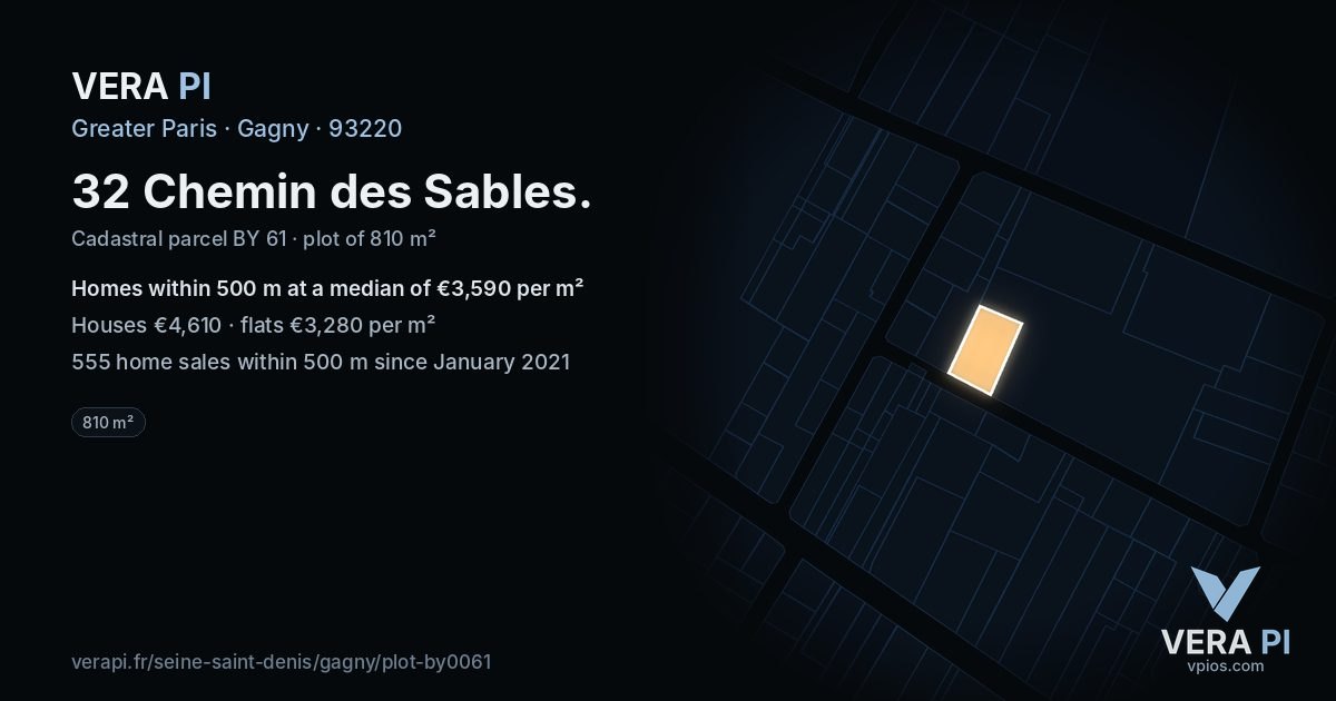 32 Chemin des Sables, Gagny at night – the plot lit, the parcels around coloured by the prices near them