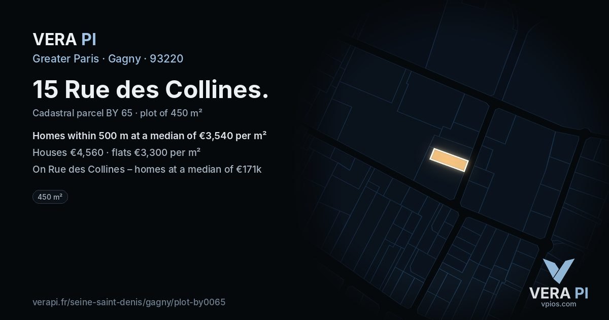 15 Rue des Collines, Gagny at night – the plot lit, the parcels around coloured by the prices near them