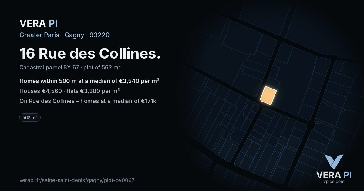 16 Rue des Collines, Gagny at night – the plot lit, the parcels around coloured by the prices near them