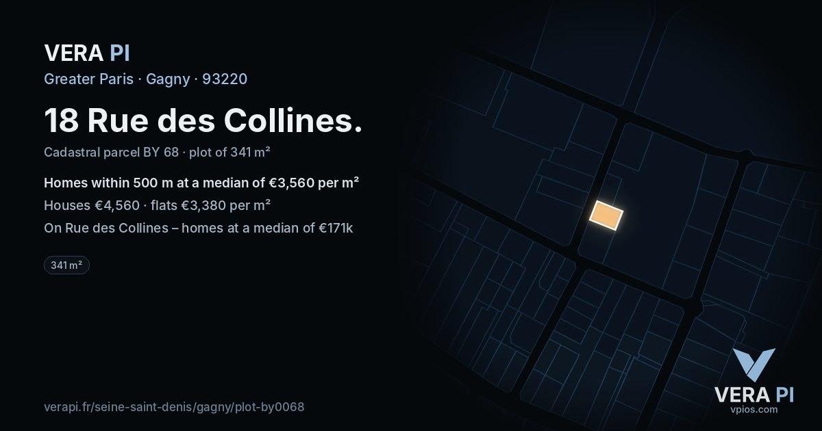 18 Rue des Collines, Gagny at night – the plot lit, the parcels around coloured by the prices near them