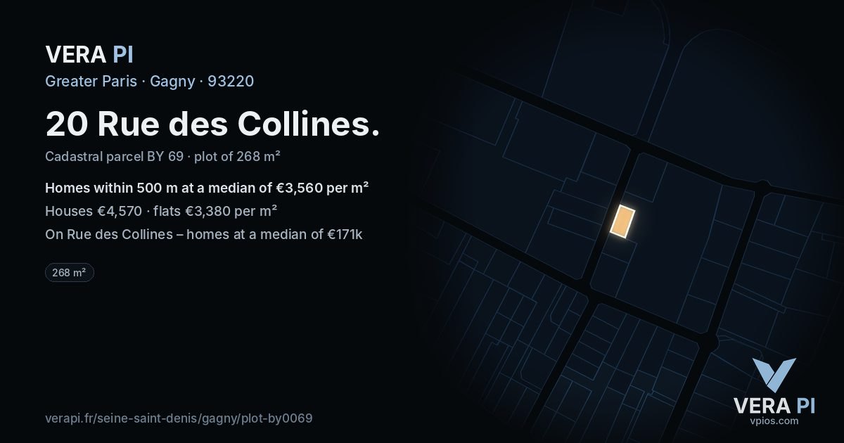 20 Rue des Collines, Gagny at night – the plot lit, the parcels around coloured by the prices near them