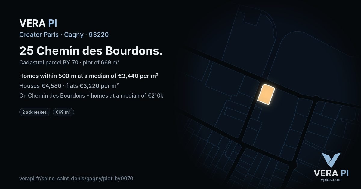 25 Chemin des Bourdons, Gagny at night – the plot lit, the parcels around coloured by the prices near them