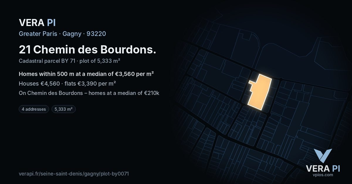 21 Chemin des Bourdons, Gagny at night – the plot lit, the parcels around coloured by the prices near them