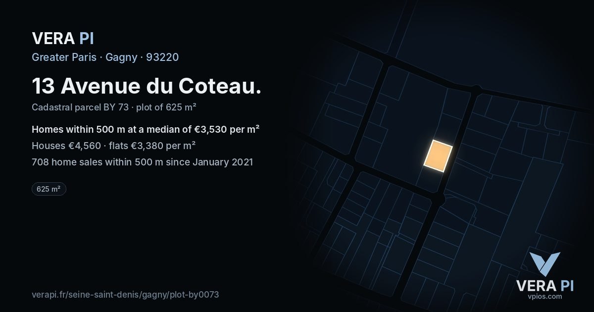 13 Avenue du Coteau, Gagny at night – the plot lit, the parcels around coloured by the prices near them