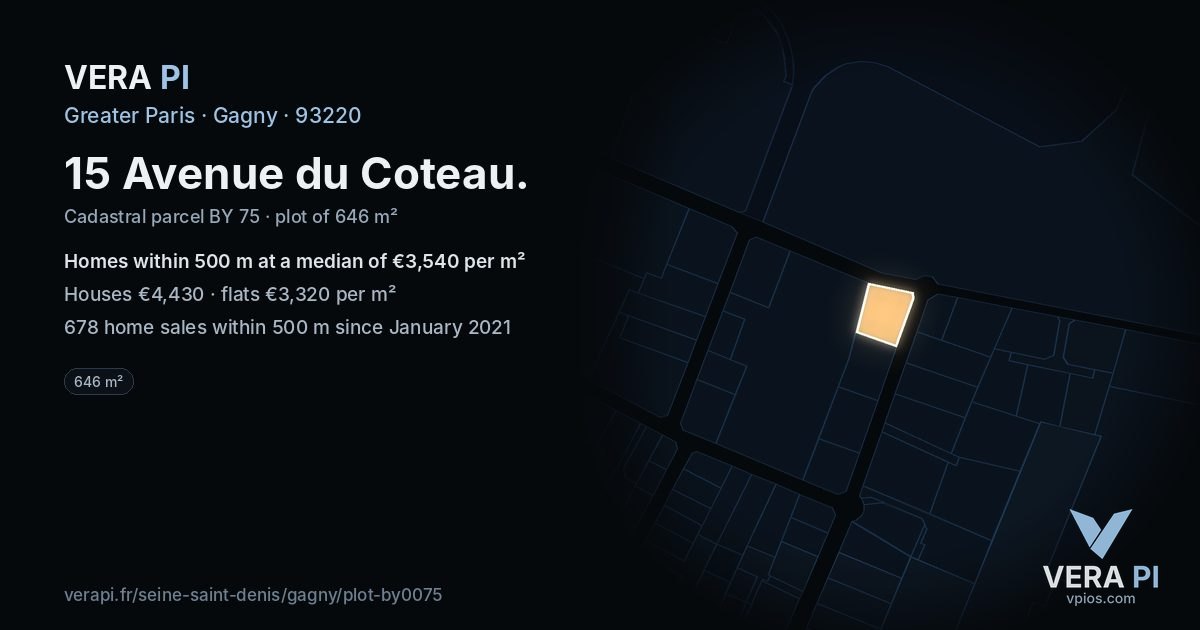 15 Avenue du Coteau, Gagny at night – the plot lit, the parcels around coloured by the prices near them