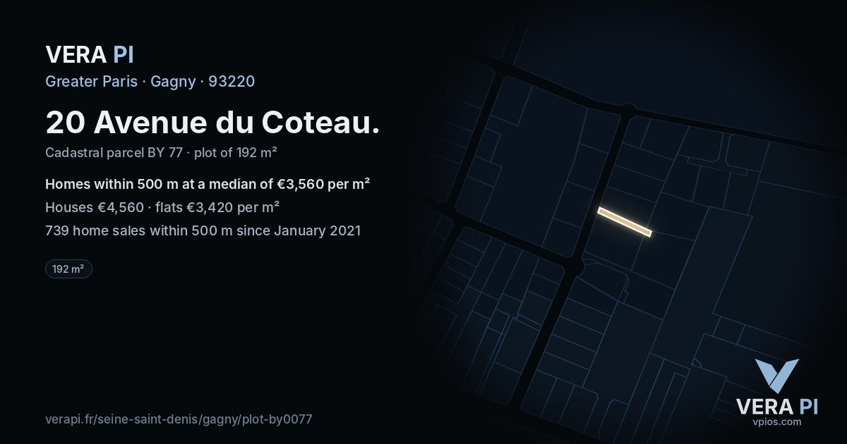 20 Avenue du Coteau, Gagny at night – the plot lit, the parcels around coloured by the prices near them