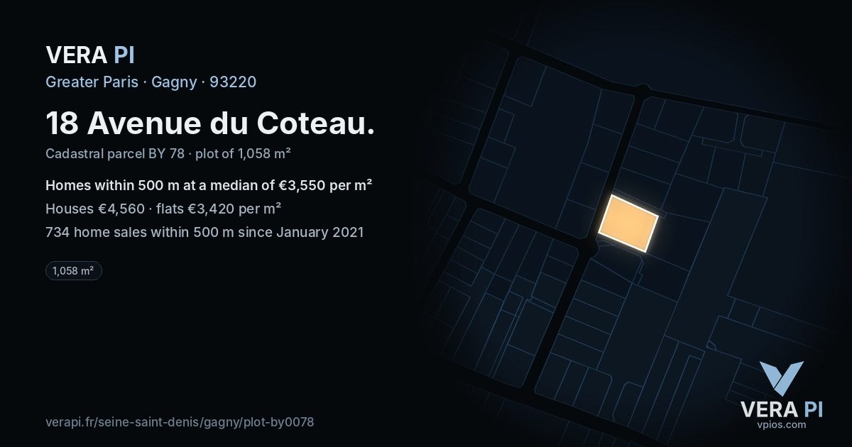 18 Avenue du Coteau, Gagny at night – the plot lit, the parcels around coloured by the prices near them