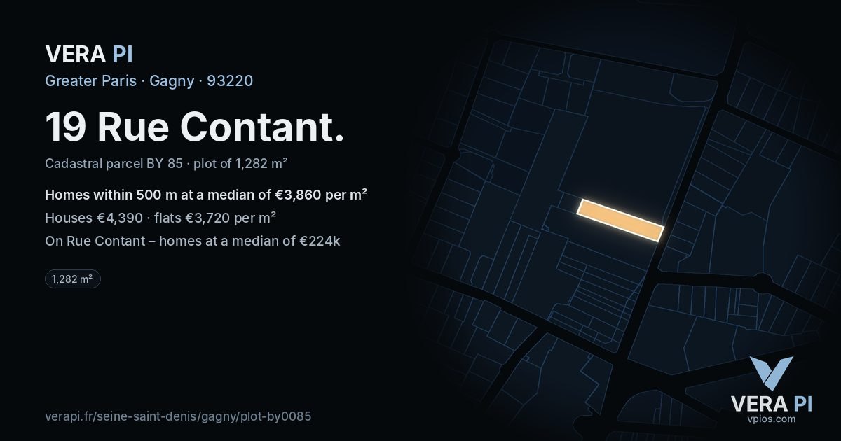 19 Rue Contant, Gagny at night – the plot lit, the parcels around coloured by the prices near them