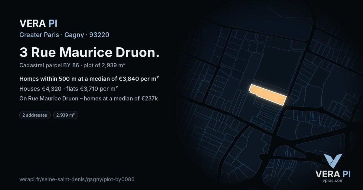 3 Rue Maurice Druon, Gagny at night – the plot lit, the parcels around coloured by the prices near them