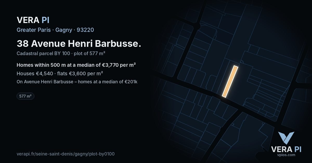 38 Avenue Henri Barbusse, Gagny at night – the plot lit, the parcels around coloured by the prices near them