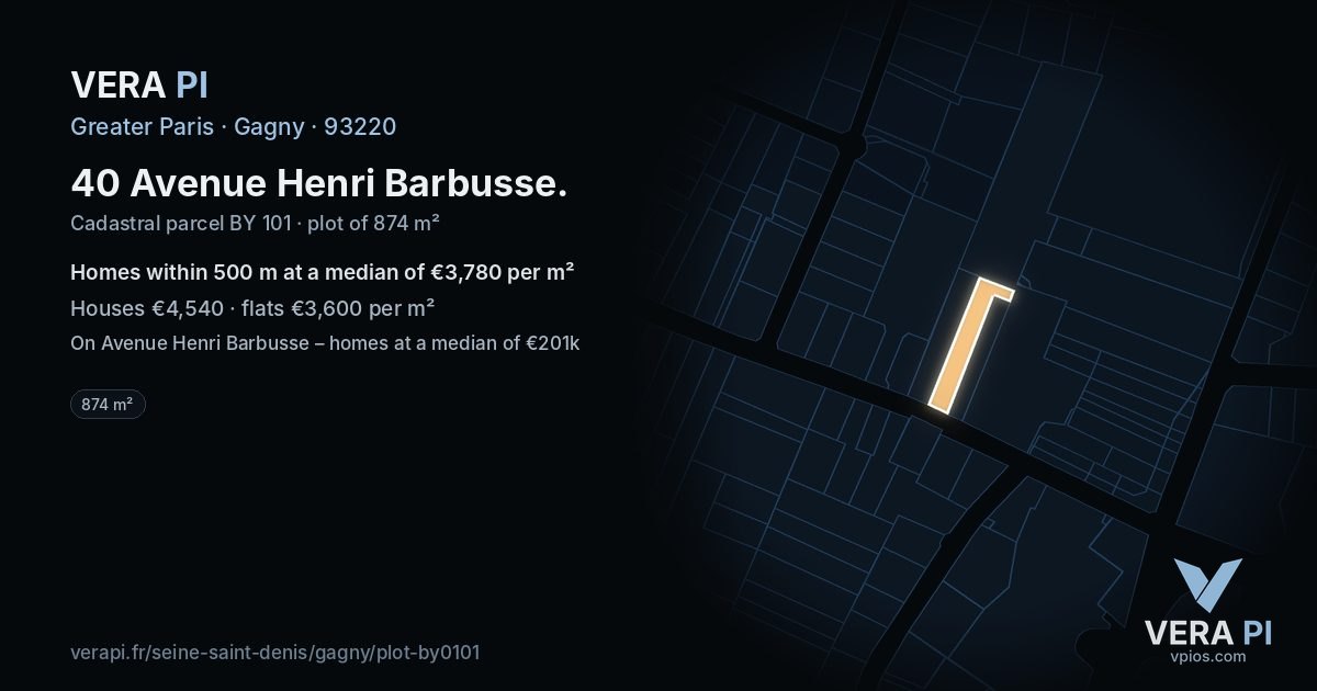 40 Avenue Henri Barbusse, Gagny at night – the plot lit, the parcels around coloured by the prices near them