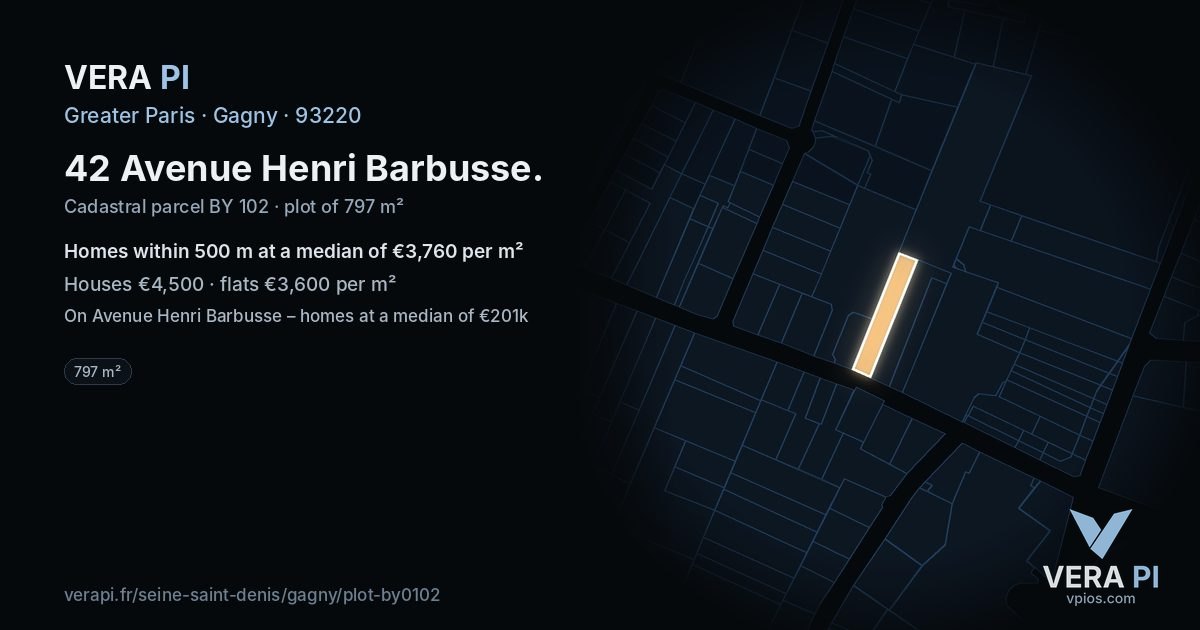 42 Avenue Henri Barbusse, Gagny at night – the plot lit, the parcels around coloured by the prices near them